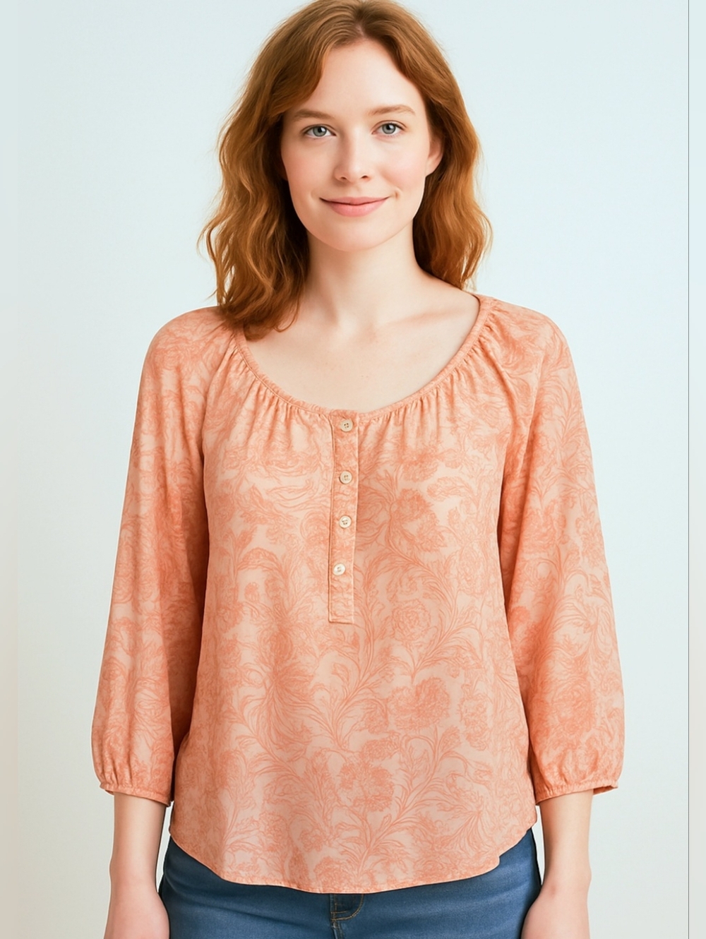 Loft Women's‎ Peach Floral Semi Sheer Long Sleeve Peasant Blouse S